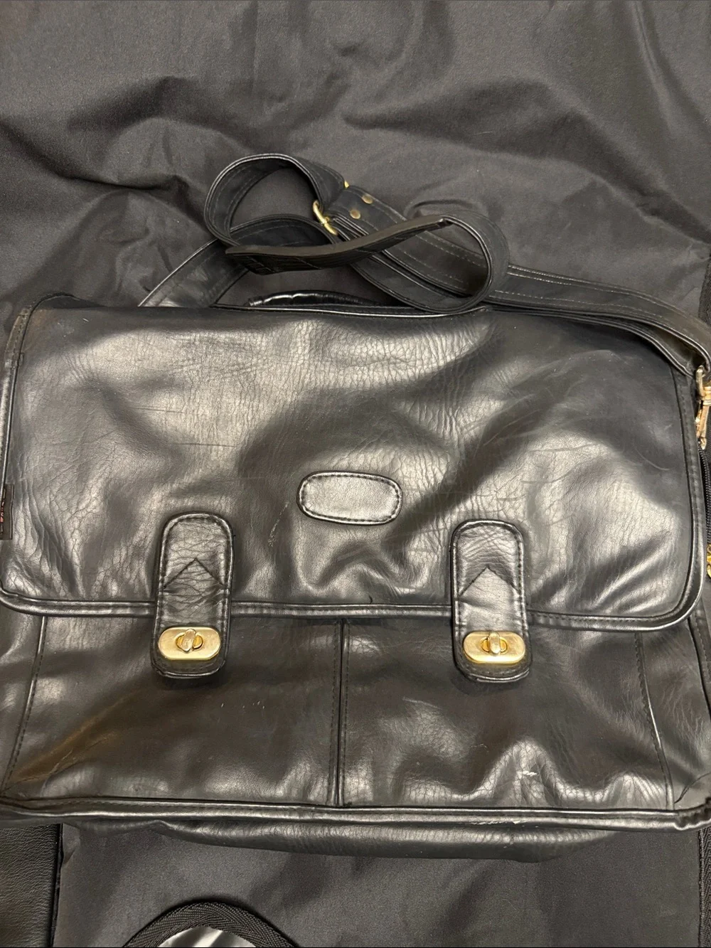 Men's Black Leather like Messenger Bag with Gold-Tone Hardware